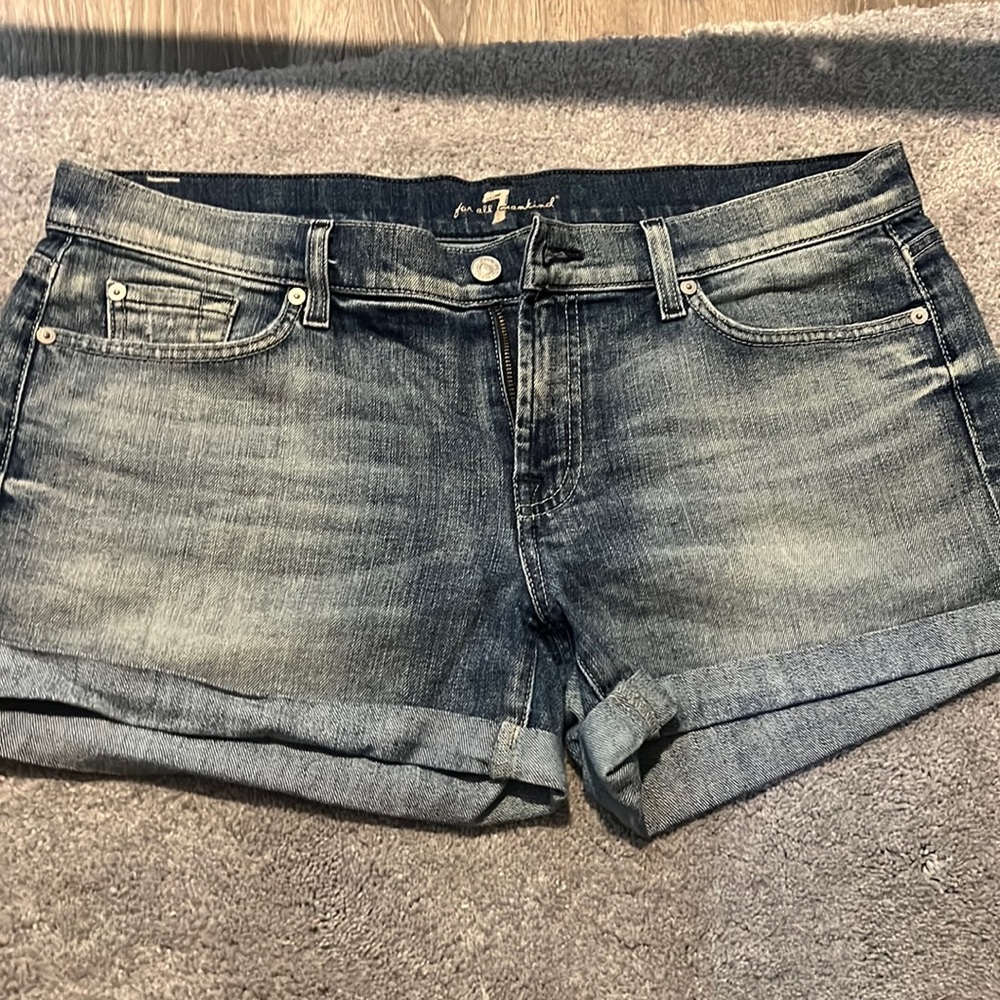 7 For All Mankind Women's Washed Blue Denim Roll-Cuff Shorts